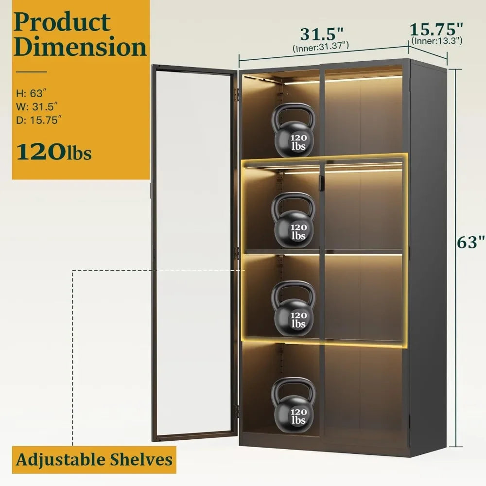 Display Cabinet with Glass Doors LED Lights and Adjustable Shelves
