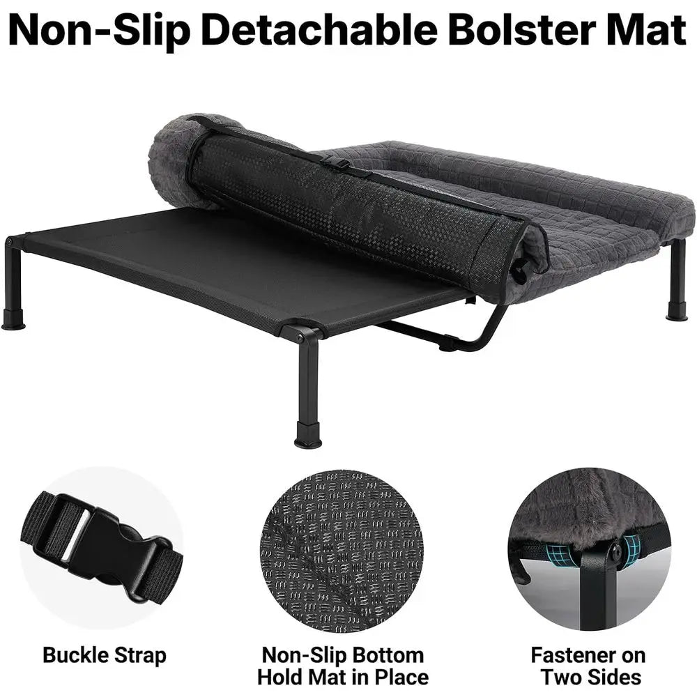 Elevated Dog Bed Large, Plush Bolster Cushion, Washable Orthopedic, Cooling Raised Pet Cot, Removable Mat, Breathable Mesh, No-S