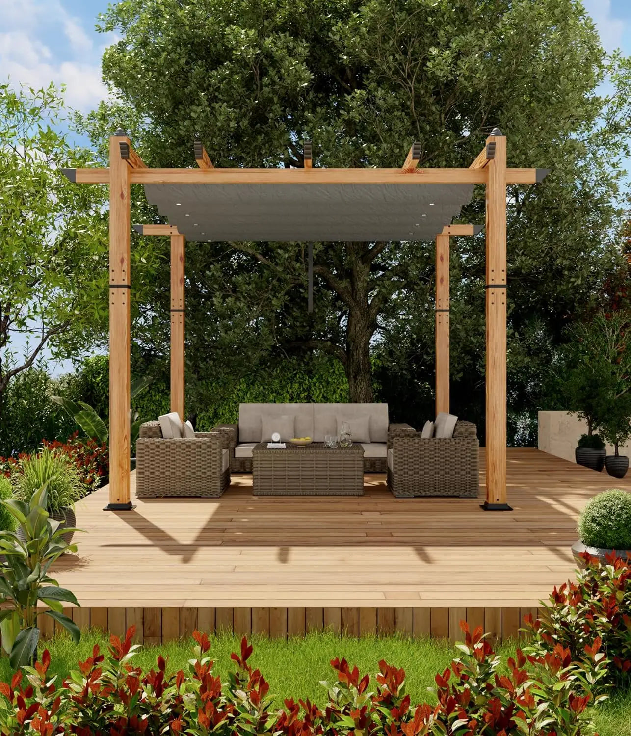 Aluminum Faux Wood Outdoor Pergola With Retractable Canopy