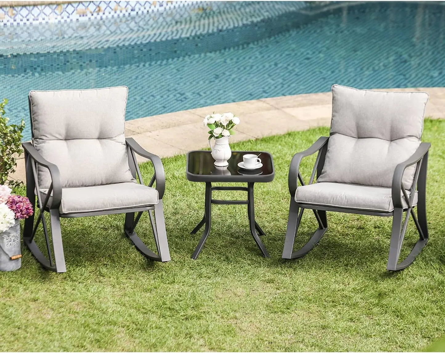 3-Piece Patio Rocking Chair Set with Gray Cushions and Glass Table for Garden, Pool, Backyard