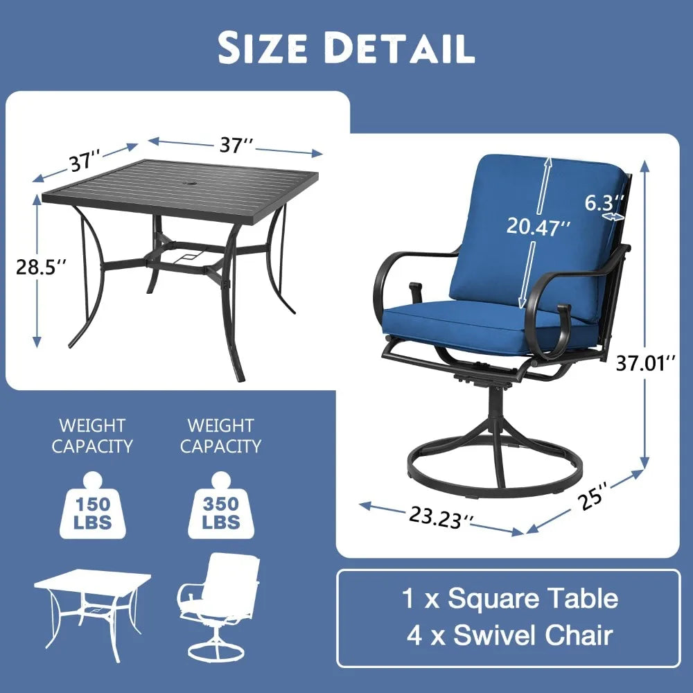 5 Pcs Outdoor Dining Set, 4 Swivel Rocker Chairs with Thick Cushions & Square Dining Table with Umbrella Hole, Patio Furniture