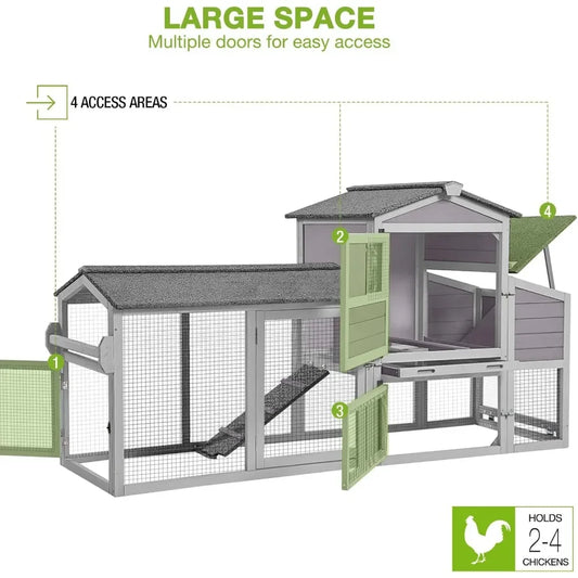 80in Chicken Coop with Wheels, Expandable Large Waterproof Chicken House for Outdoor with Nesting Box, Leakproof Pull-on Tray