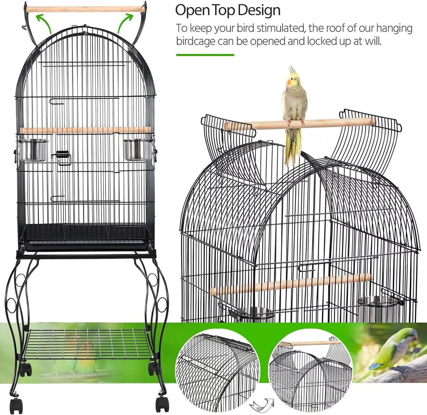 59-Inch Rolling Standing Medium Dome Open Top Bird Cage for Parrots Cockatiels Sun Conures Parakeets