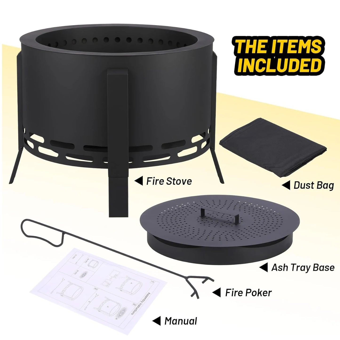 26 Inch Smokeless Firepit- Low Smoke Outdoor Fire Pit with Folding Feet, Multi-Fuel Wood Pellets Charcoal,for Camping Backyard