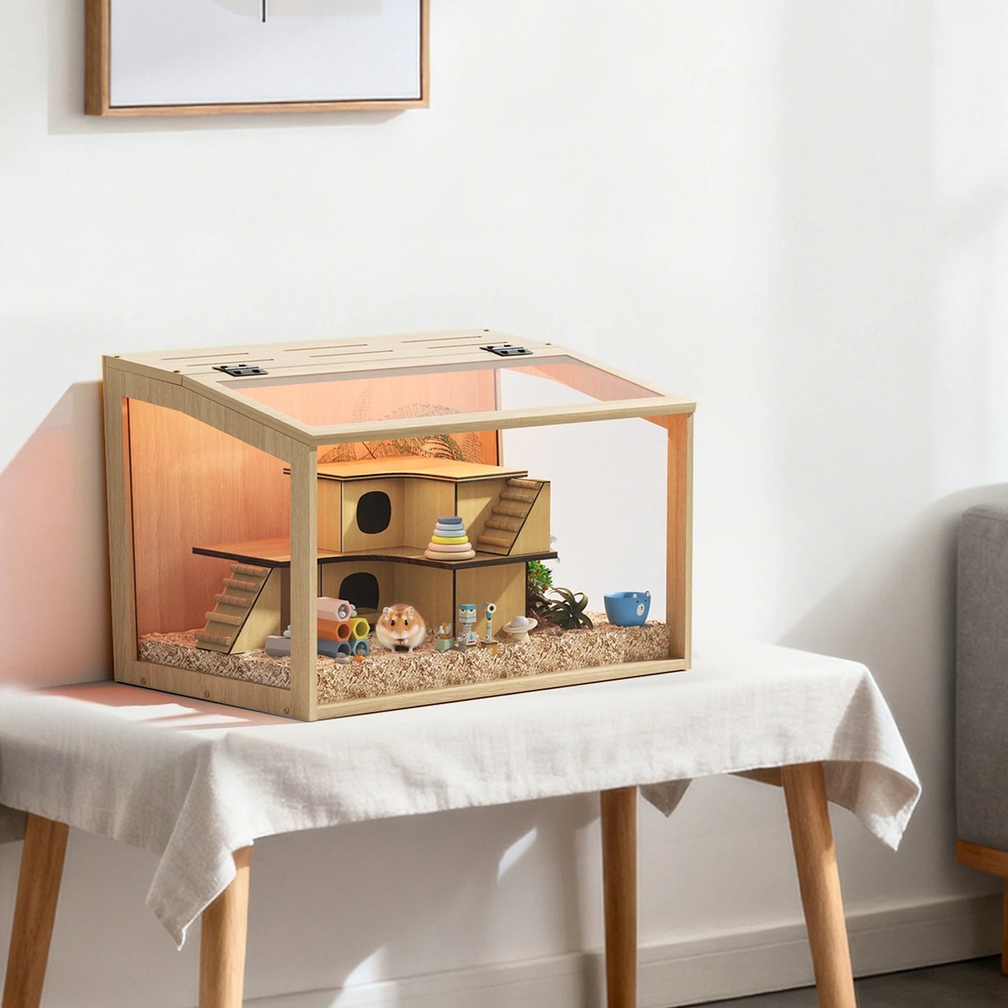 NONECN Wooden Hamster Cage With Glass Panels And Open Top