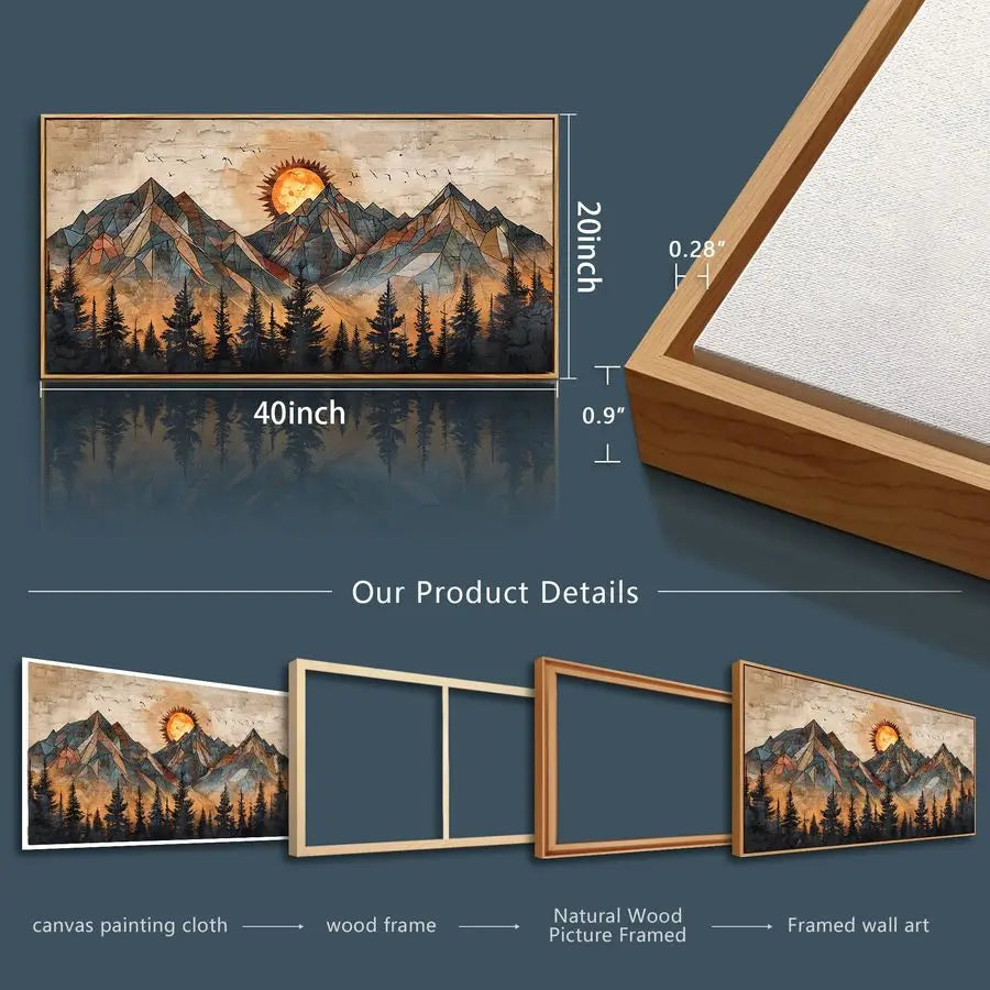 Wood Framed Wall Art Canvas Decor Abstract Boho Mountain Landscape