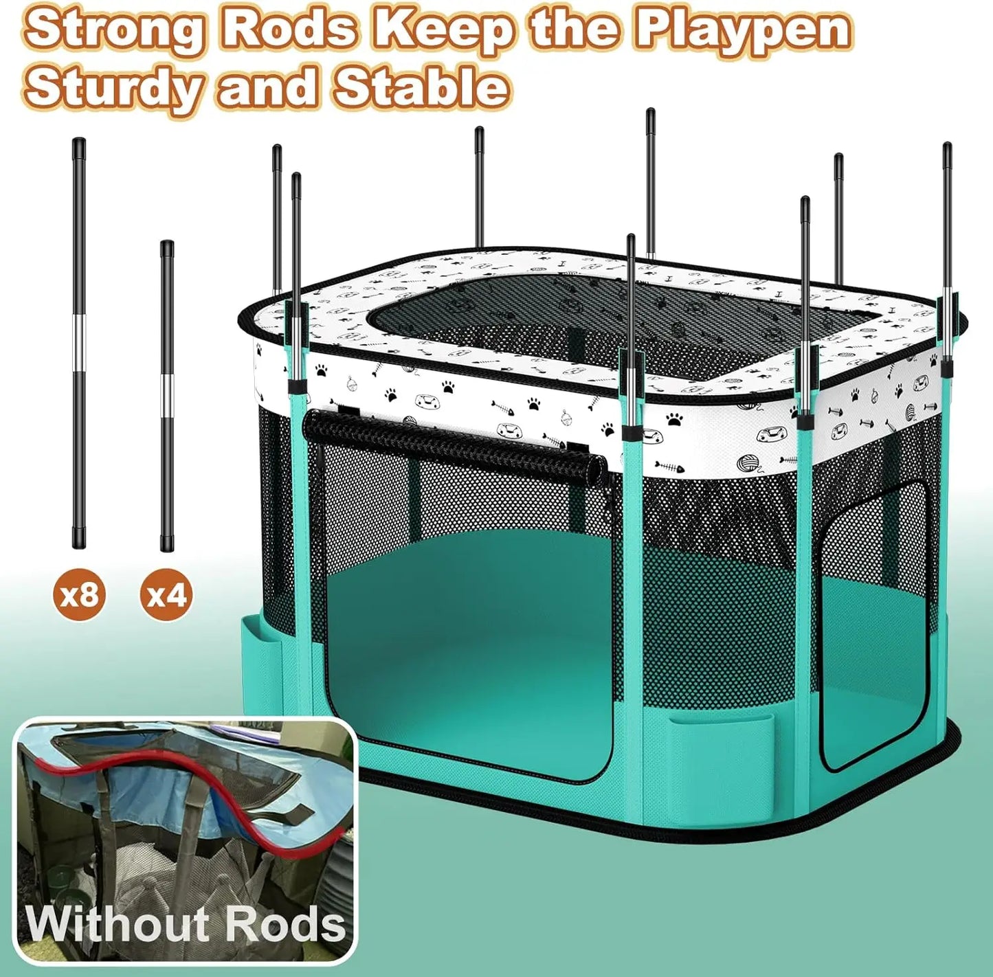 Foldable Pet Playpen with 8-Rod Stability, Indoor/Outdoor Use for Cats and Small Dogs, Easy Setup and Storage (32x24x22 inches)