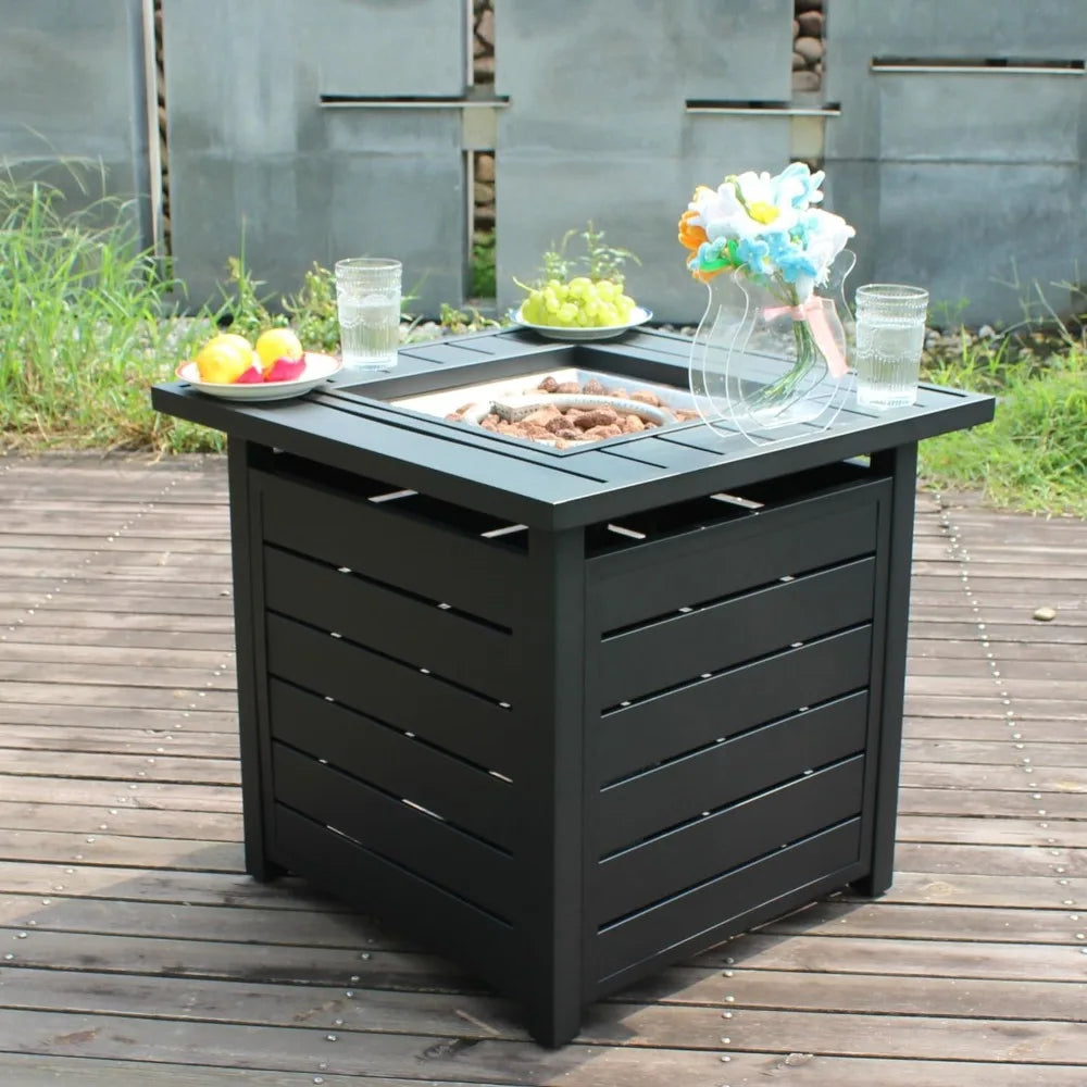 28 Inch Propane Fire Pit Table, Outdoor Gas Fire Pits with Lid & Lava Rock, 50000 BTU Firepit for Dinning, Party in Outside