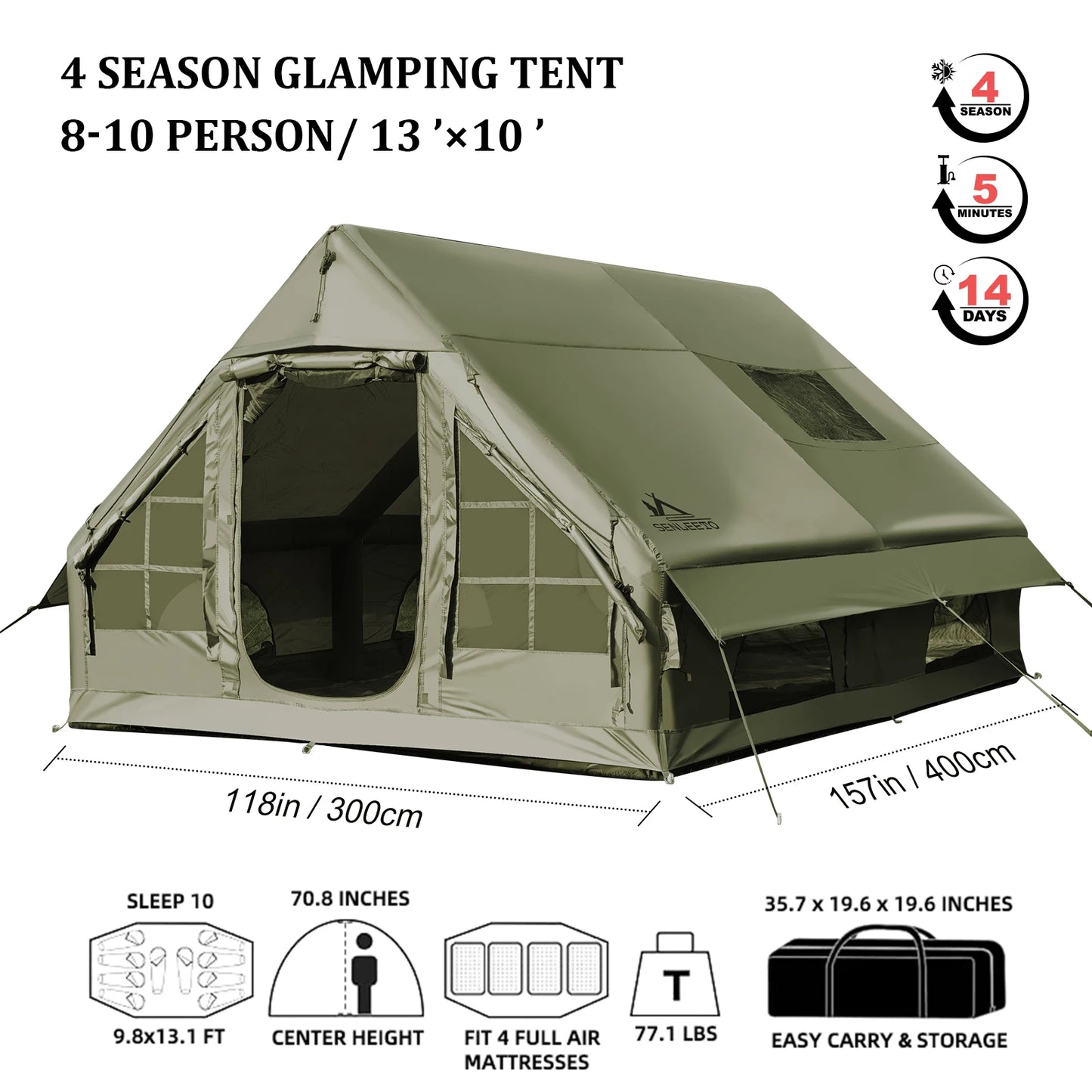 SENLEETO Army Green Waterproof Windproof Tent For Camping