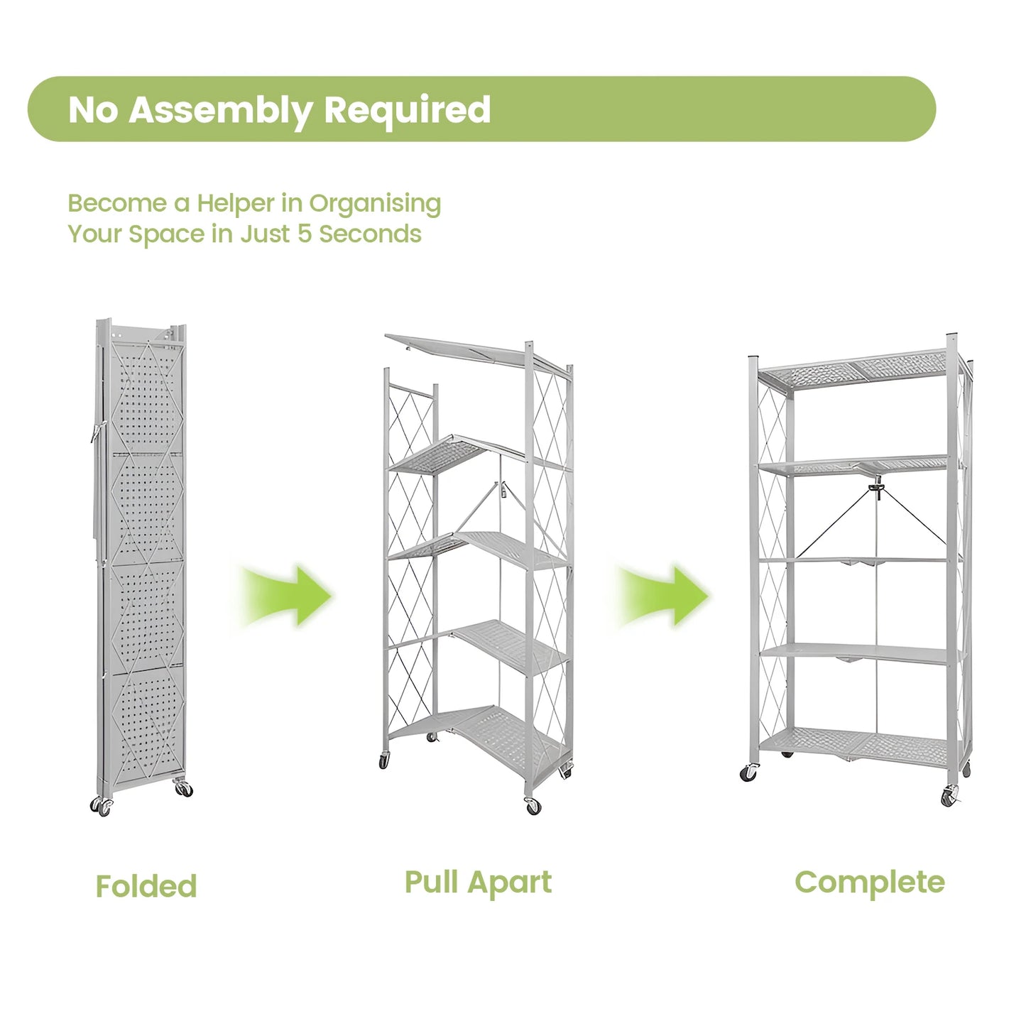 Five-Tier Foldable Storage Shelf Organizer With Wheels For Garage Kitchen