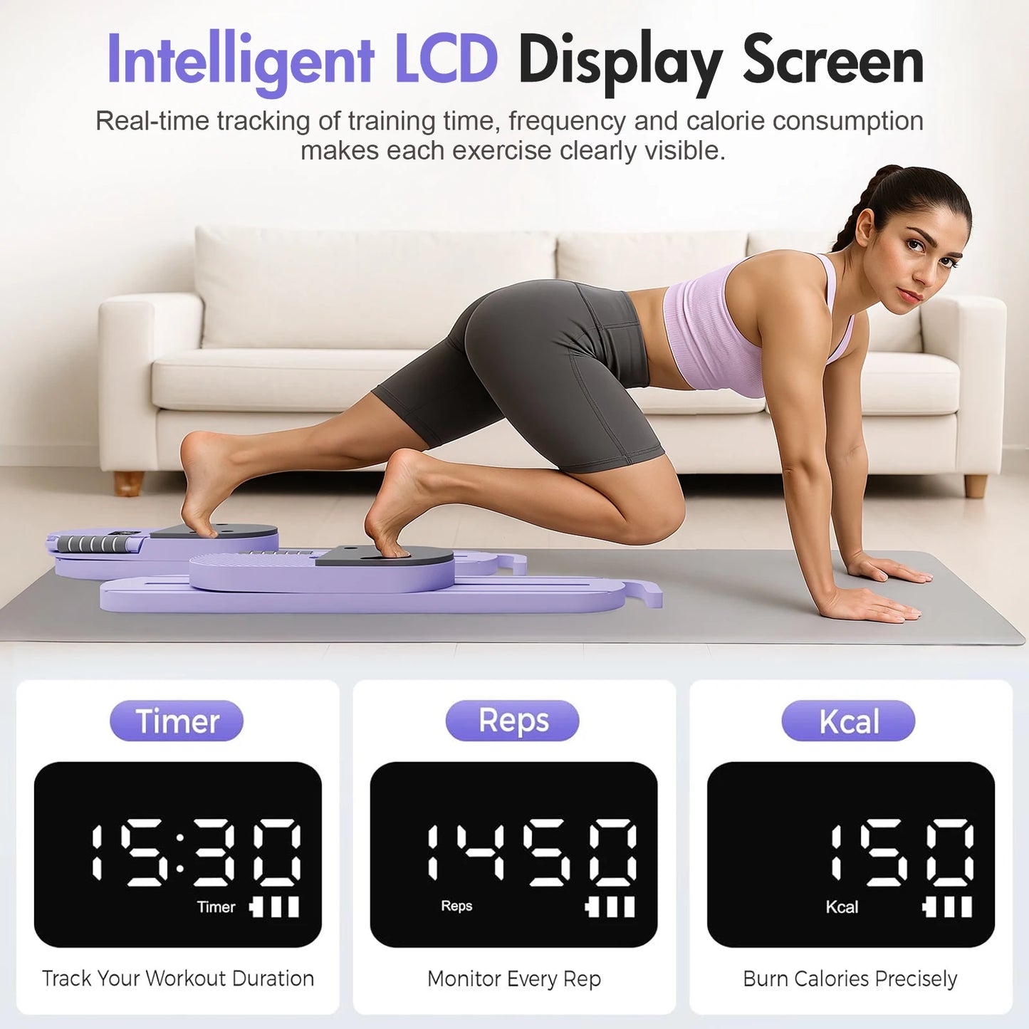 Portable Pilates Reformer Board With LCD Display And Resistance Bands
