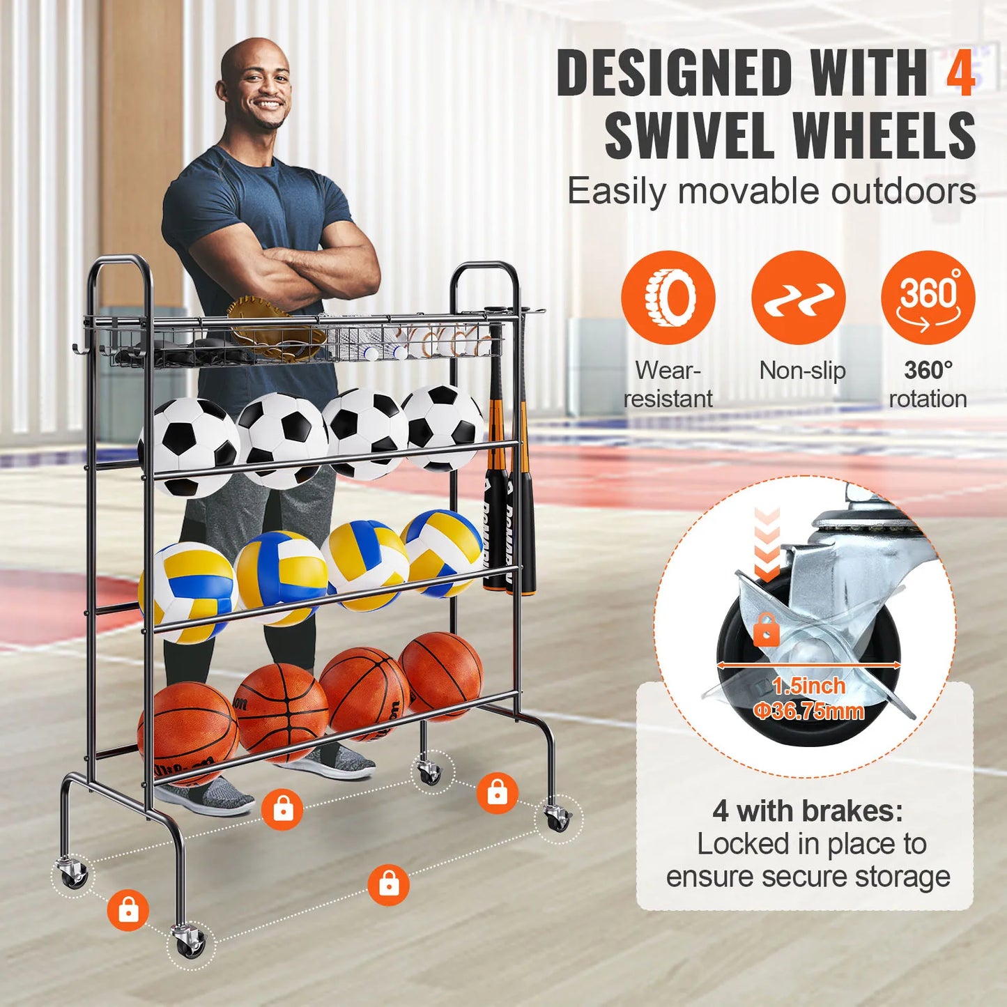 4-Layer Rolling Basketball Rack And Storage Organizer