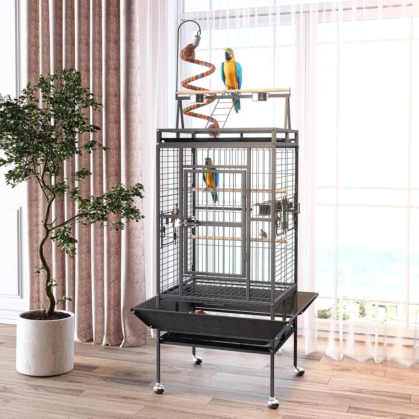 82 Inch Bird Cage, Bird Flight Cages with Rolling Stand & Bottom Tray, Wrought Iron Parrot Cage with