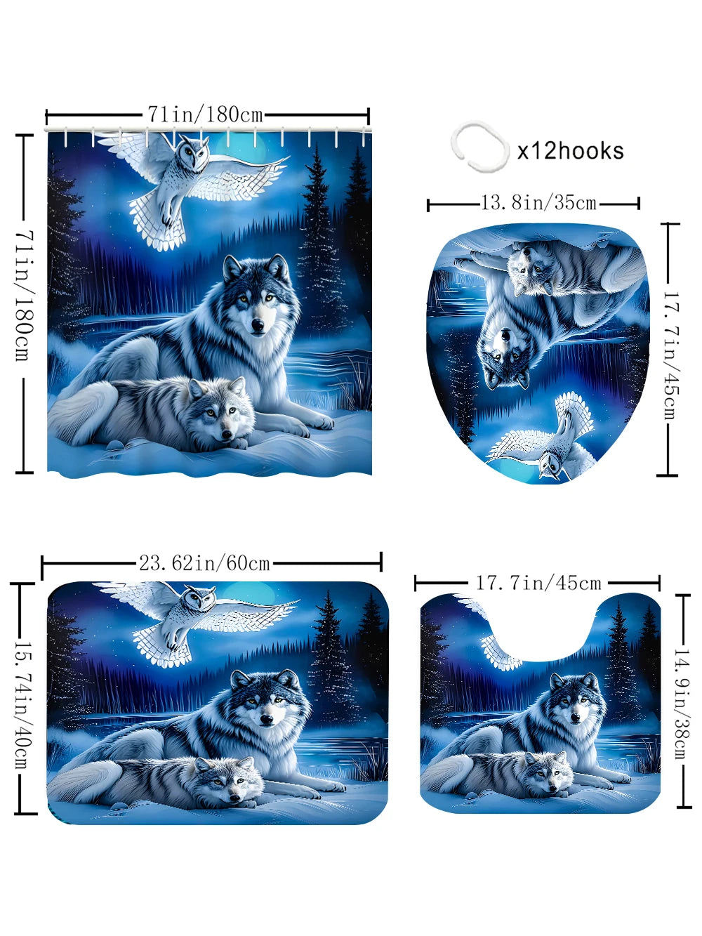 Snow Wolf Bathroom Four-piece Set - Avant-garde Waterproof Shower Curtain, creating a complete bathroom kit