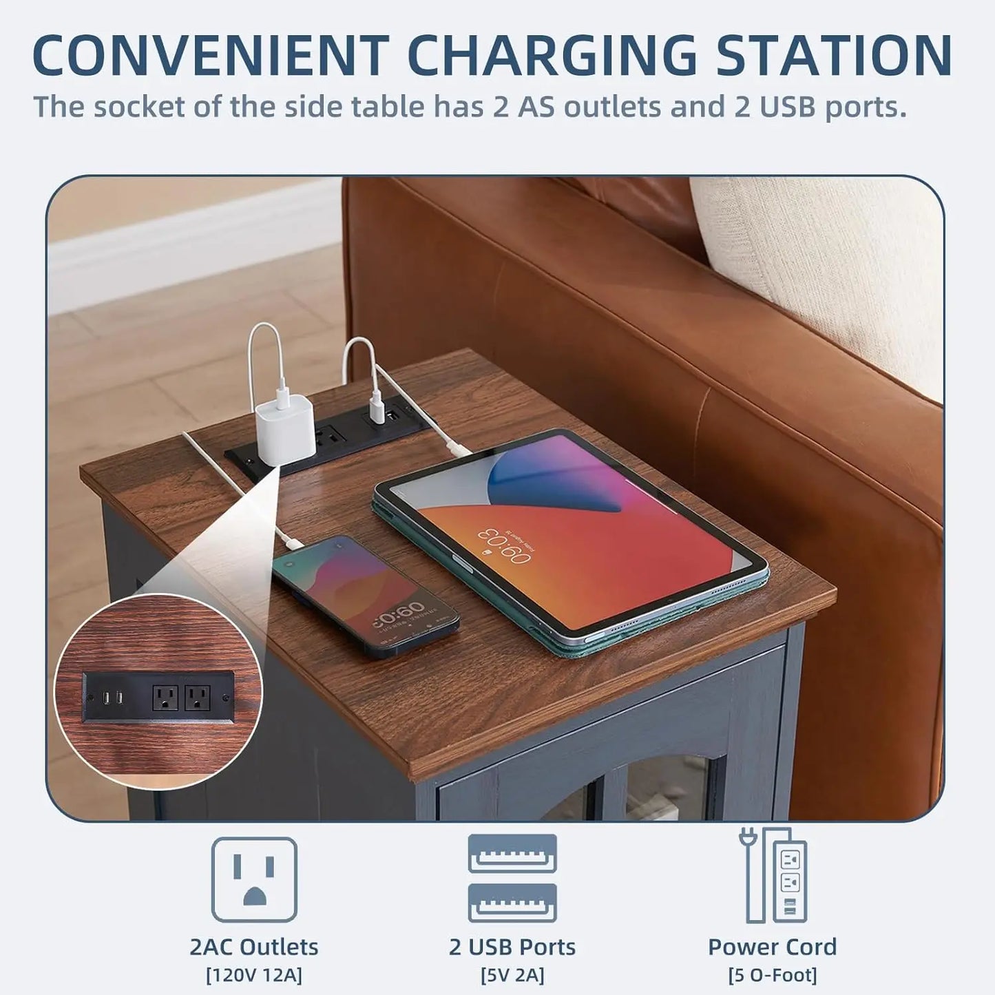 HUANZHUANG Narrow Side Table Set Of 2 With Charging Station