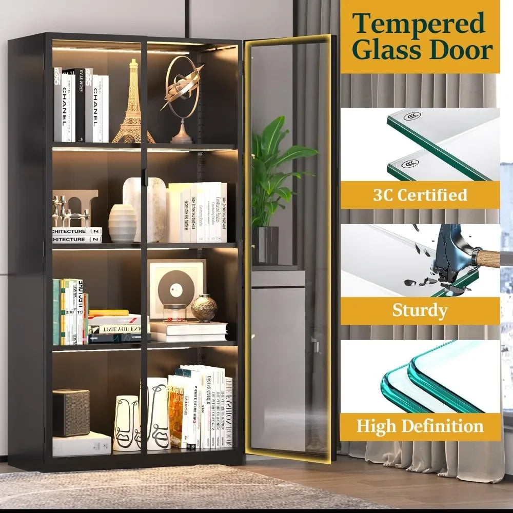 Display Cabinet with Glass Doors LED Lights and Adjustable Shelves