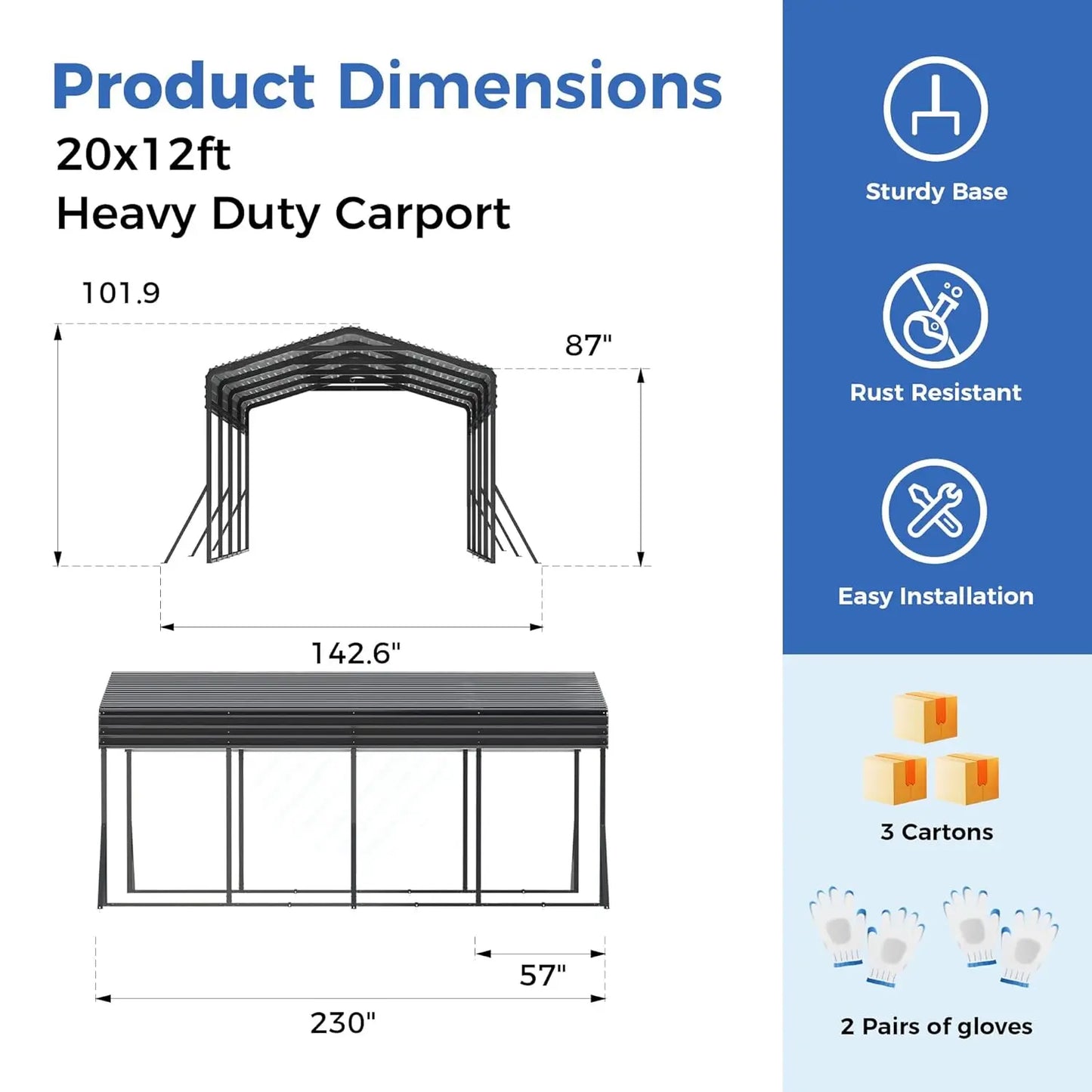 12'X20' Heavy Duty Carport Canopy Galvanized Steel Roof with Reinforced Stable Triangle Frame for Snowy Conditions,Customized