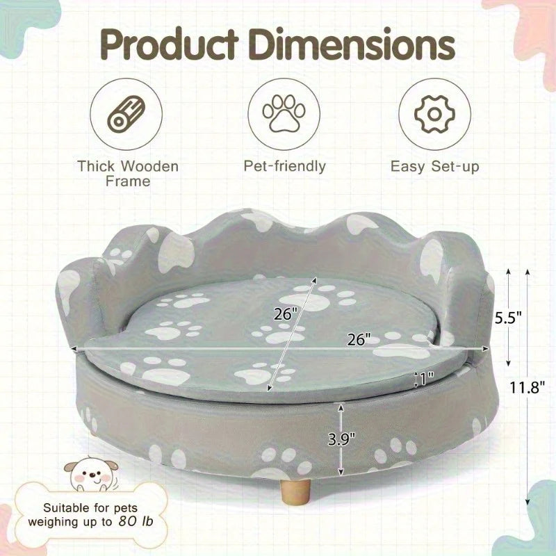 EROMMY 26'' Raised Dog Sofa Bed for Small & Medium Dogs – Comfortable Couch with 3-Sided Backrest & Foam Base, Gray