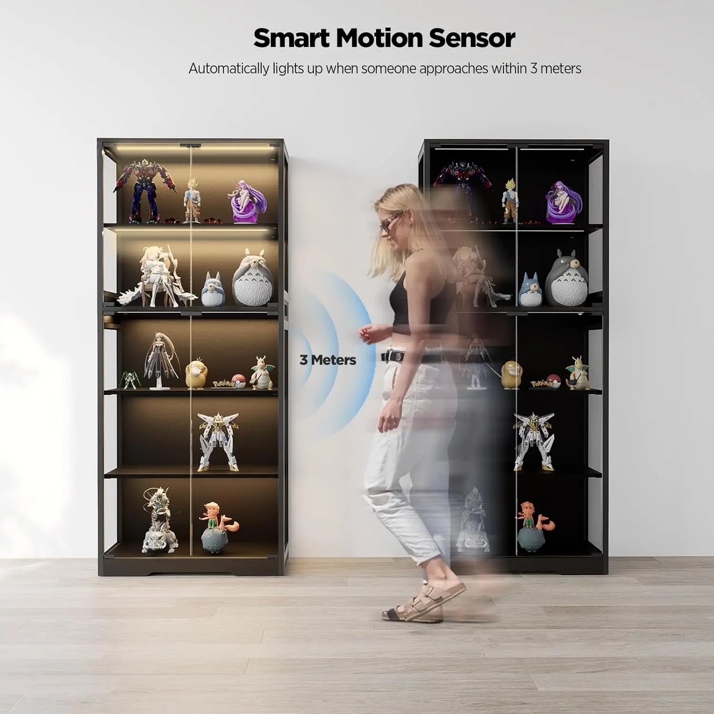 5-Tier Display Cabinet, Bookcase with Glass Doors, Dimming LED Lights & Motion Sensor, for Collectible Figures, Customized