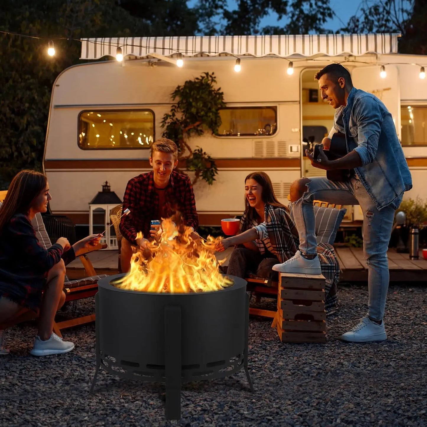 26 Inch Smokeless Firepit- Low Smoke Outdoor Fire Pit with Folding Feet, Multi-Fuel Wood Pellets Charcoal,for Camping Backyard