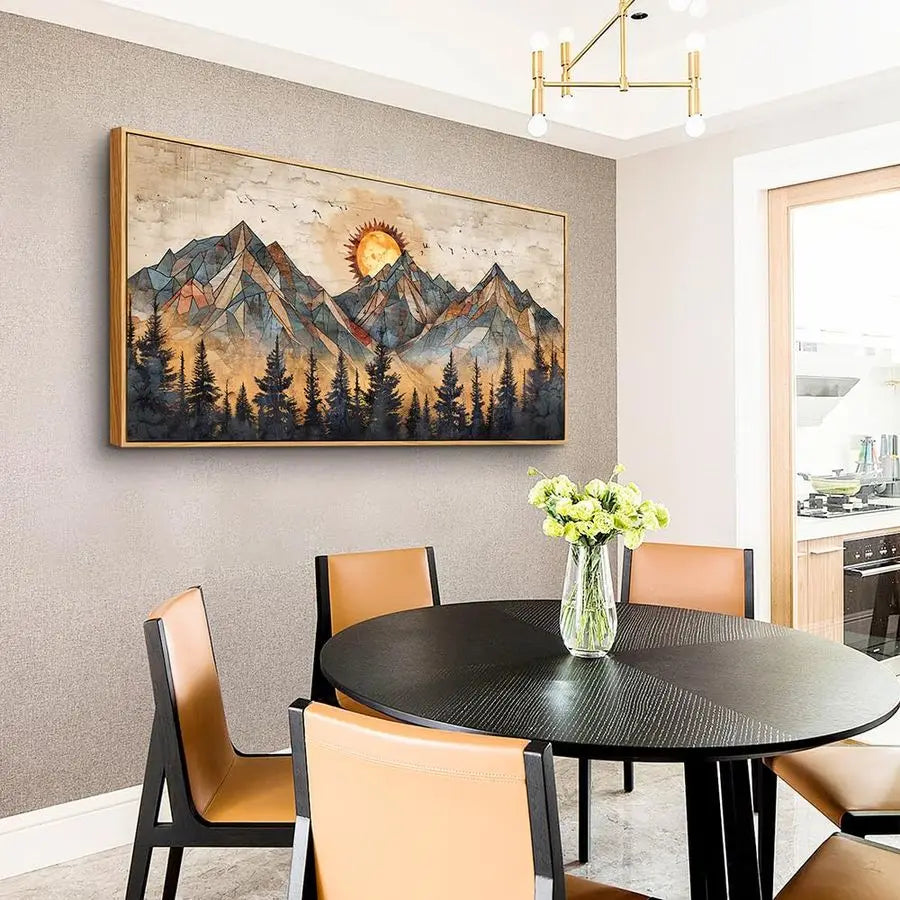 Wood Framed Wall Art Canvas Decor Abstract Boho Mountain Landscape