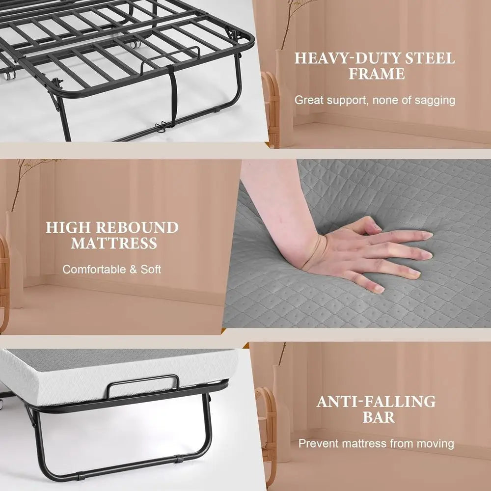 Portable Twin Size Rollaway Bed with Foam Mattress, Guest Bed, Space-Saving Design, Lockable Wheels, Easy Assembly,Customized