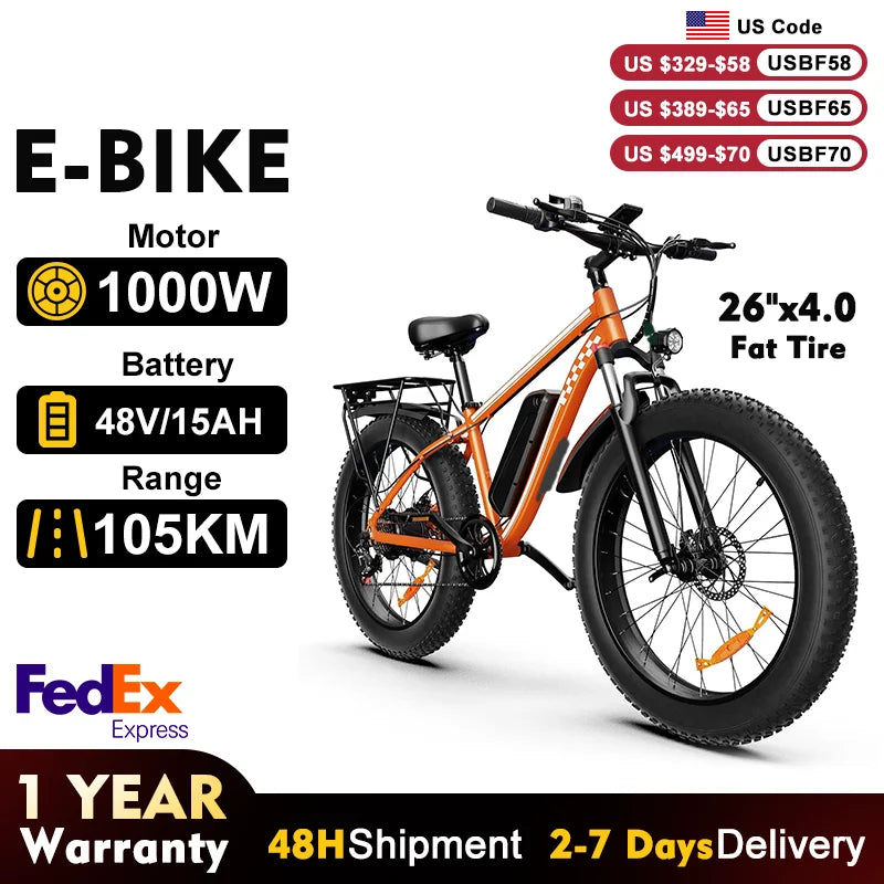 Electric Fat Tire Bike 1000W 48V 15Ah Disc Brake Ebike
