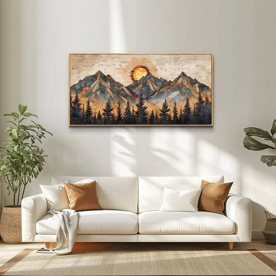 Wood Framed Wall Art Canvas Decor Abstract Boho Mountain Landscape
