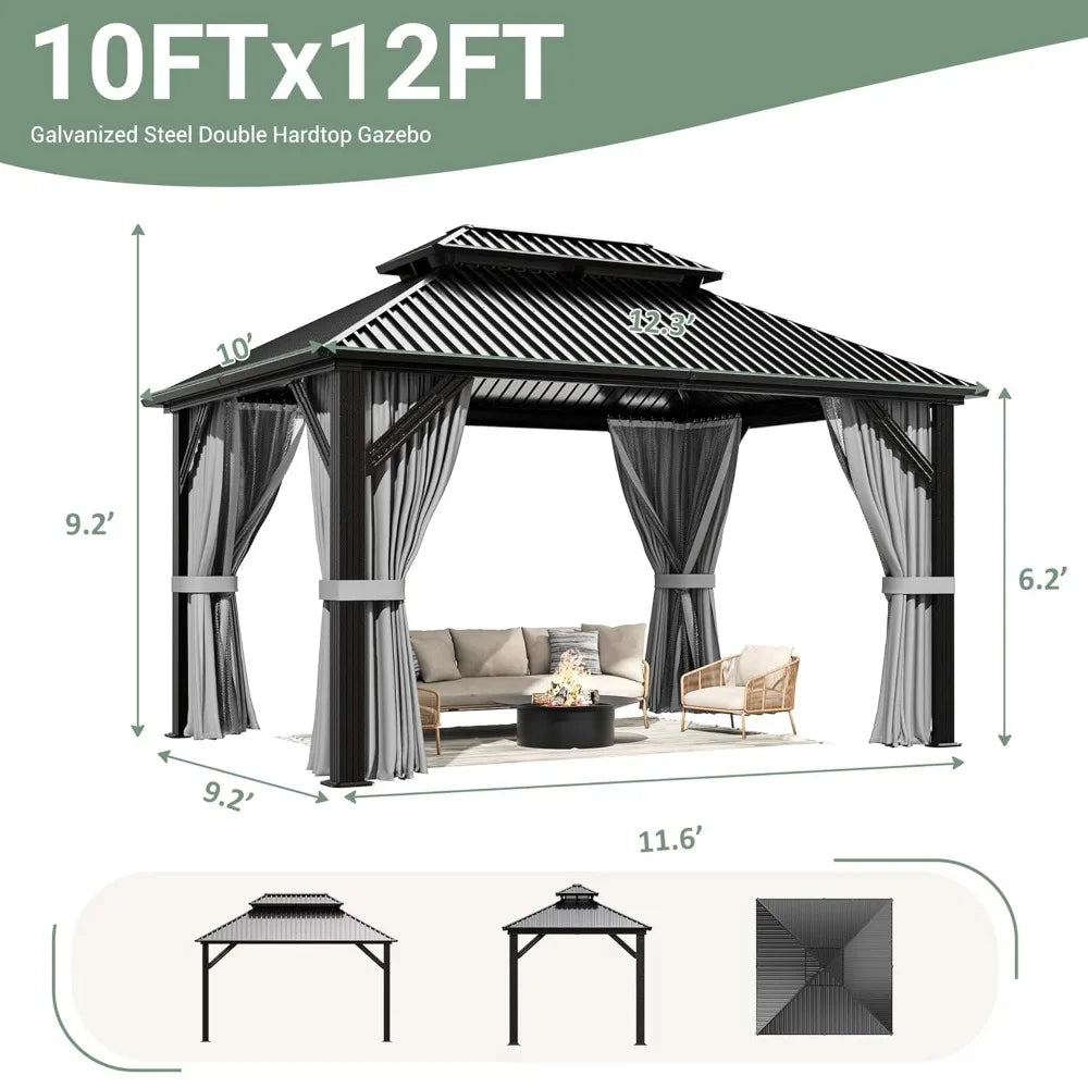 Hardtop Gazebo Aluminum Frame Double Galvanized Steel Roof Curtain & Netting Patio Backyard Deck Outdoor Canopy, Custom