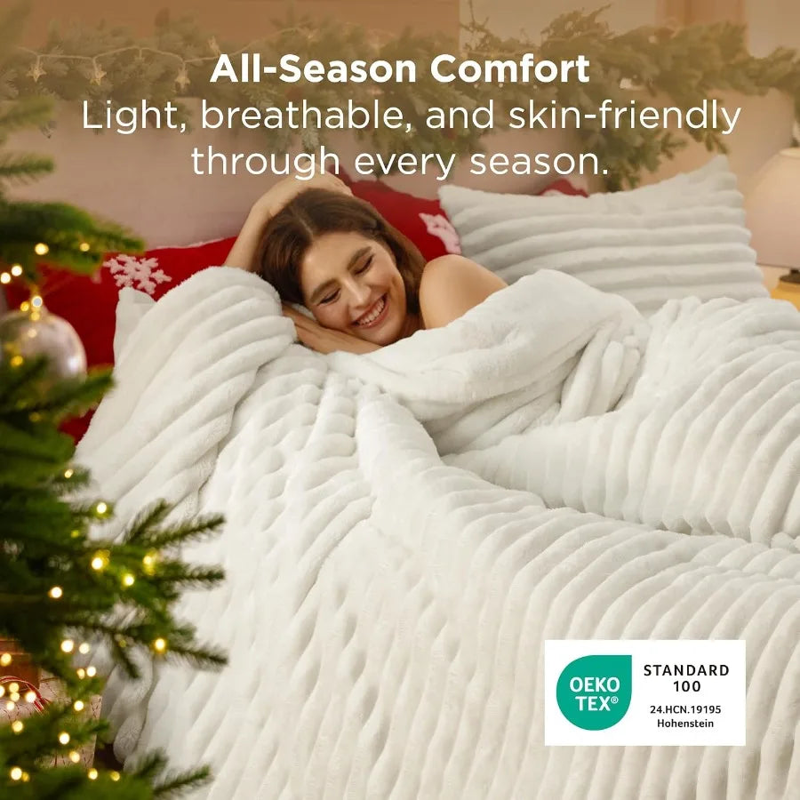 Fluffy Comforter Set California King - Super Soft Faux Fur Bed Set Cream White Warm Plush Fleece Winter Bedding 3 Pieces 1 Shag