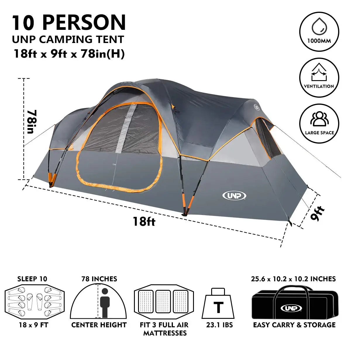 UNP Camping Tent 10 Family Tents,5 Large Mesh Windows, Double Layer, Waterproof, Weather Resistant, Parties, Music Festival