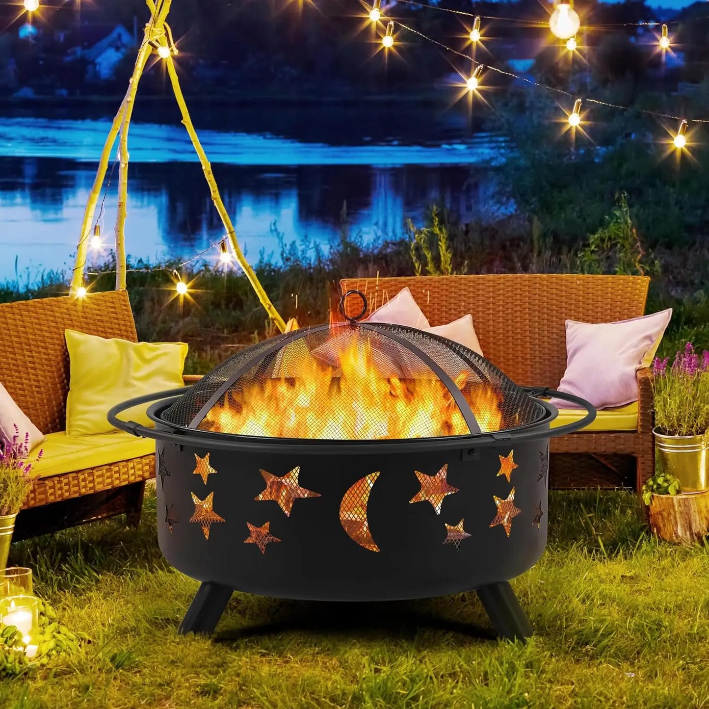 Fire Pit 30in Fire Pits for Outside Wood Burning Outdoor Fireplace with Spark Screen, Poker for Bonfire Patio, Customized