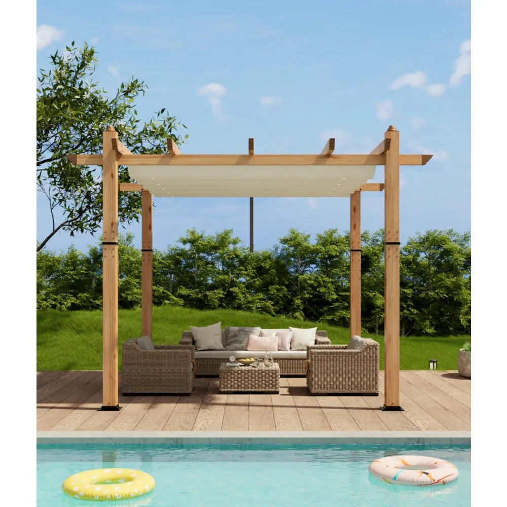 Aluminum Faux Wood Outdoor Pergola With Retractable Canopy