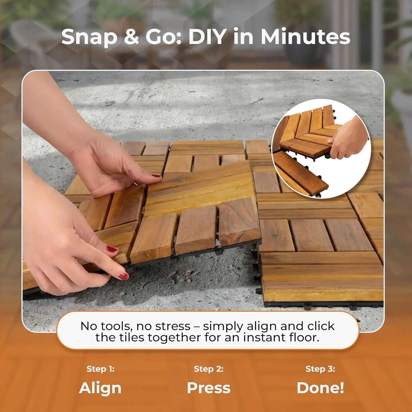 Interlocking Slat Deck Tiles 12'x12'– Stylish Patio Tiles for Outdoor Flooring–Durable Acacia Wood