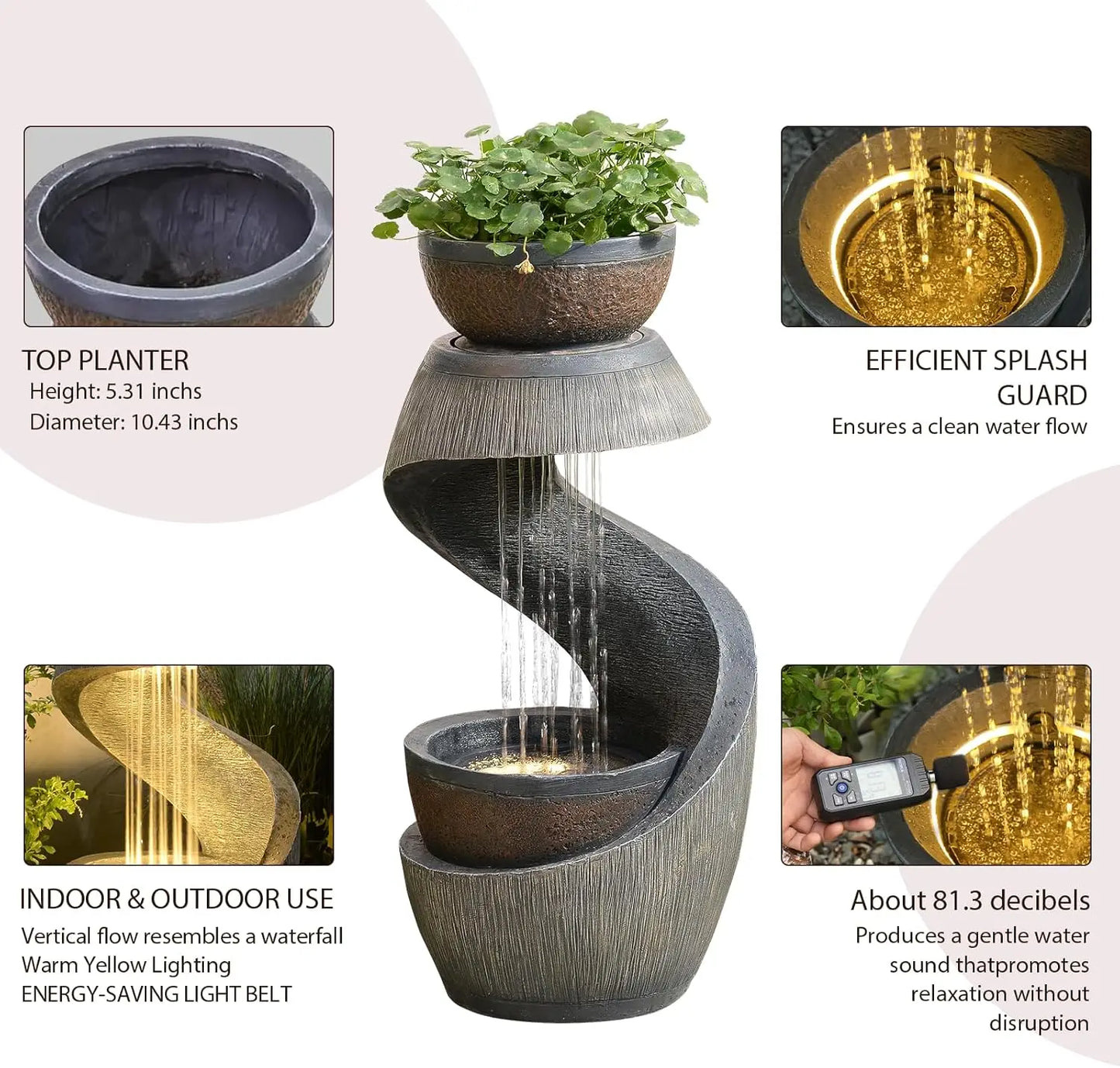319 Inch S Shaped Outdoor Water Fountain Modern Cascading Waterfall Led Lights Planter Bowl Patio Balcony Yard Home Decor Resin