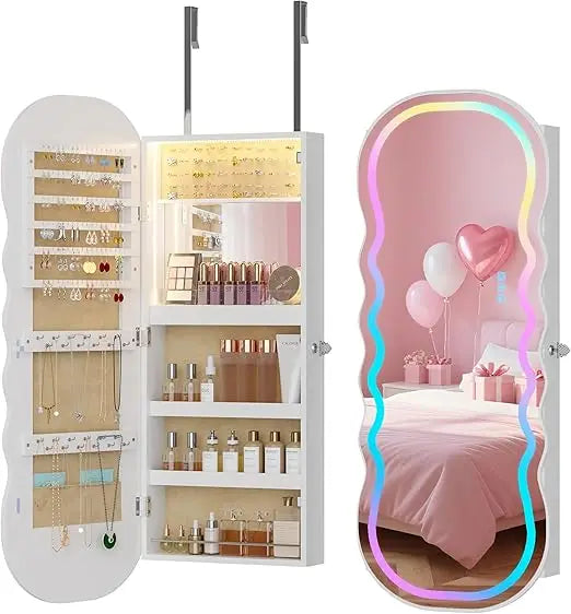 RGB Lighted Mirror Jewelry Cabinet With LED Storage And Mounting