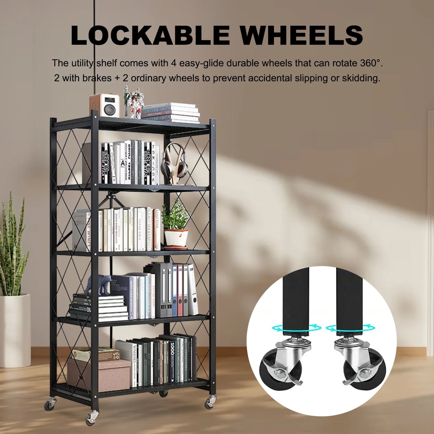 Five-Tier Foldable Storage Shelf Organizer With Wheels For Garage Kitchen