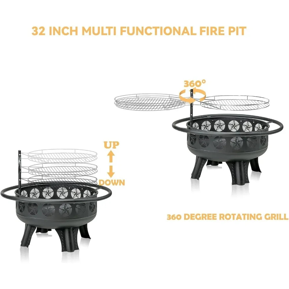 32 Inch Fire Pit with Swivel Cooking Grate,3-in-1 Wood Burning Firepit with Grill,Outdoor Fire Pits Table with Metal Customized
