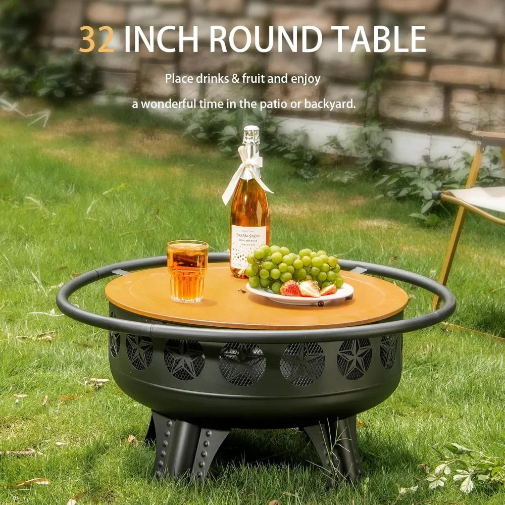 32 Inch Fire Pit with Swivel Cooking Grate,3-in-1 Wood Burning Firepit with Grill,Outdoor Fire Pits Table with Metal Customized