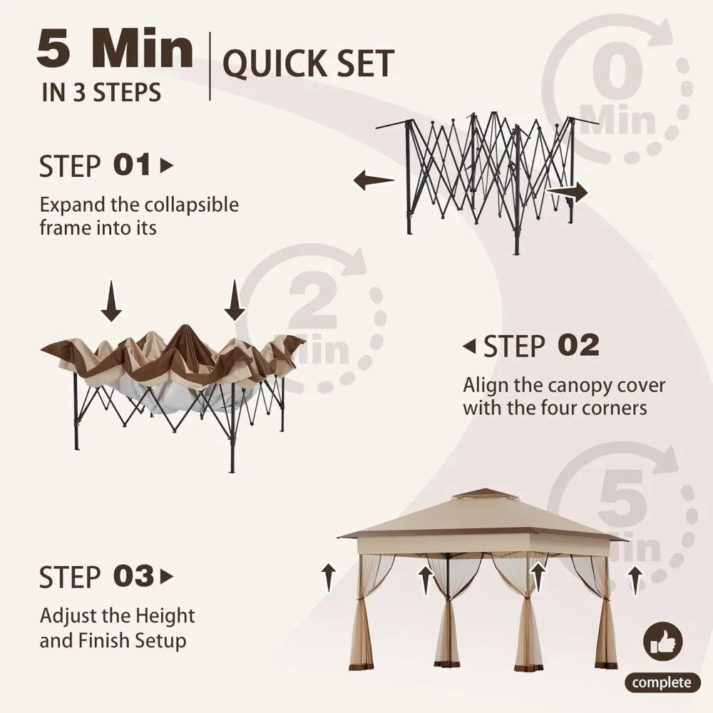 11x11 Pop Up Gazebo Tent with Mosquito Netting – Quick Set Up, Water-Resistant Outdoor Canopy for Patio, Garden, Backyard, and