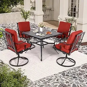 5 Pcs Outdoor Dining Set, 4 Swivel Rocker Chairs with Thick Cushions & Square Dining Table with Umbrella Hole, Patio Furniture