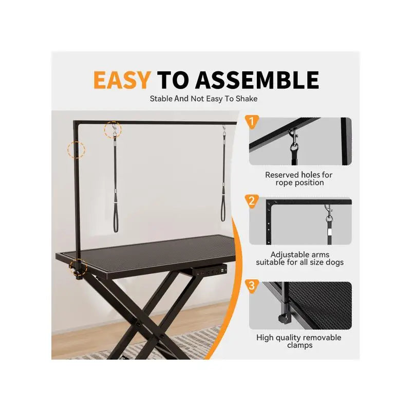 Heavy Duty Adjustable Electric Dog Grooming Table with Leveling Wheels, Anti-Slip Top, and Tool Organizer (50", Black)