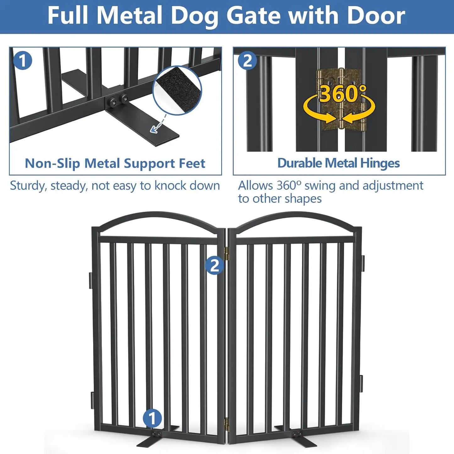 32'' Height Freestanding Dog Gate, Foldable Metal Pet Fence for Indoor and Outdoor Use, Black Color with 2 Panels