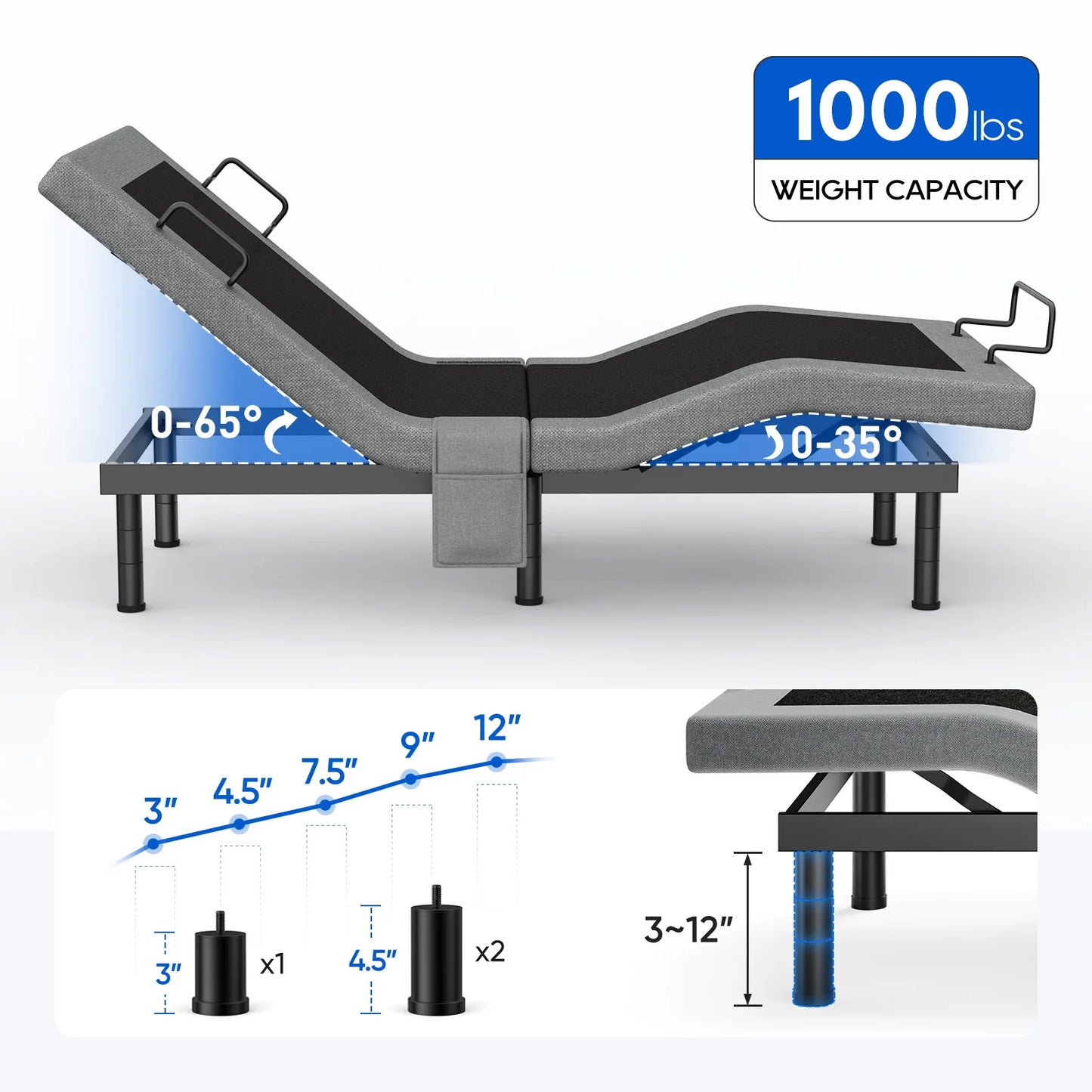 Furgle Twin Split King Size Adjustable Bed Base Frame with Massage Silent Double Motor with Wireless Remote Control Bedroom