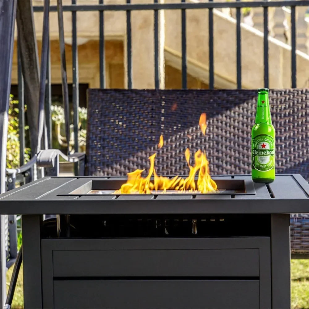28 Inch Propane Fire Pit Table, Outdoor Gas Fire Pits with Lid & Lava Rock, 50000 BTU Firepit for Dinning, Party in Outside