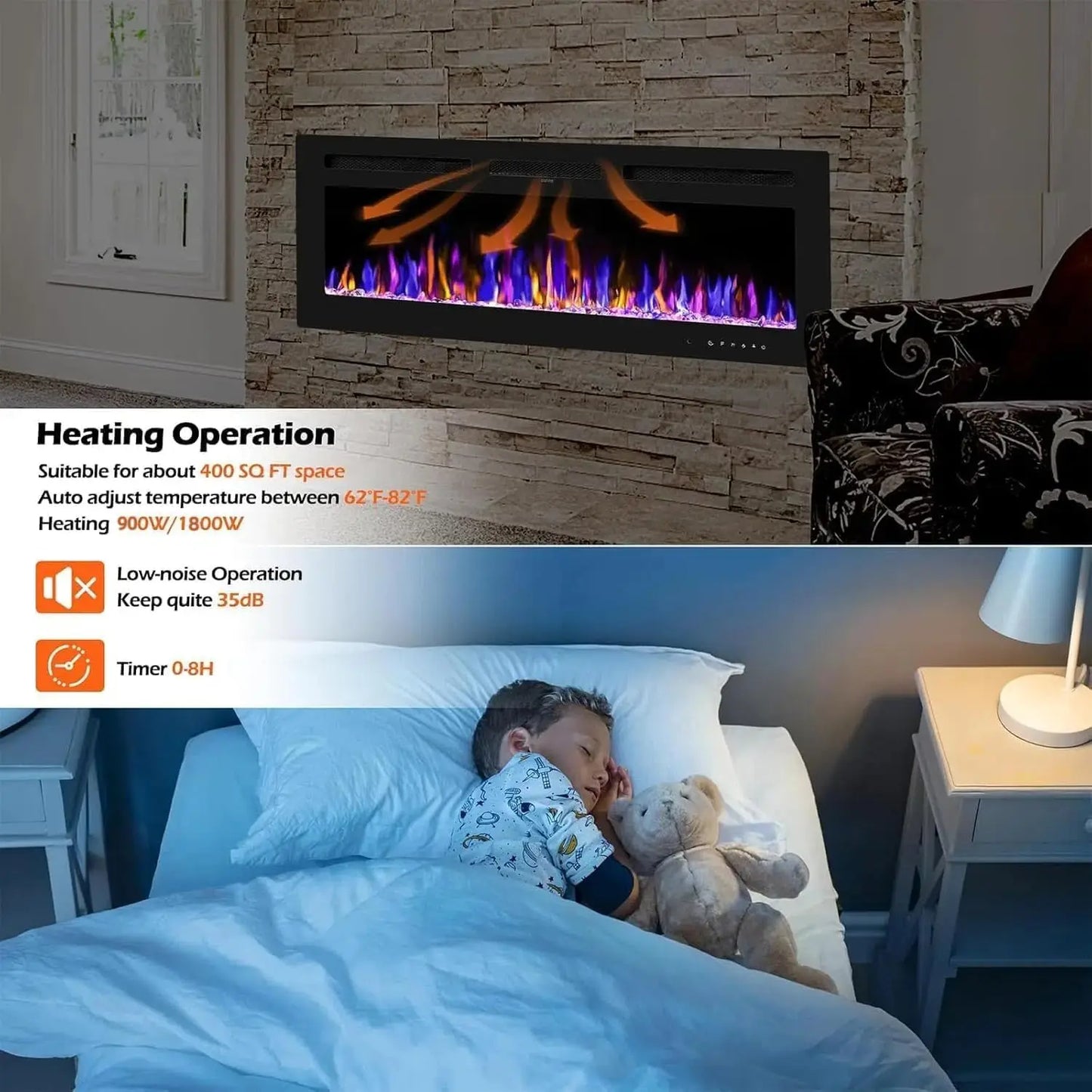 Acekool Electric Fireplace With Remote Touch Screen Wall Mount