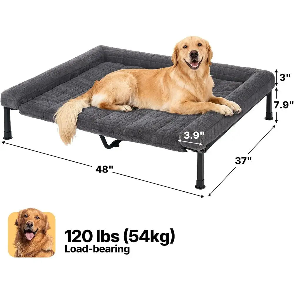 Elevated Dog Bed Large, Plush Bolster Cushion, Washable Orthopedic, Cooling Raised Pet Cot, Removable Mat, Breathable Mesh, No-S