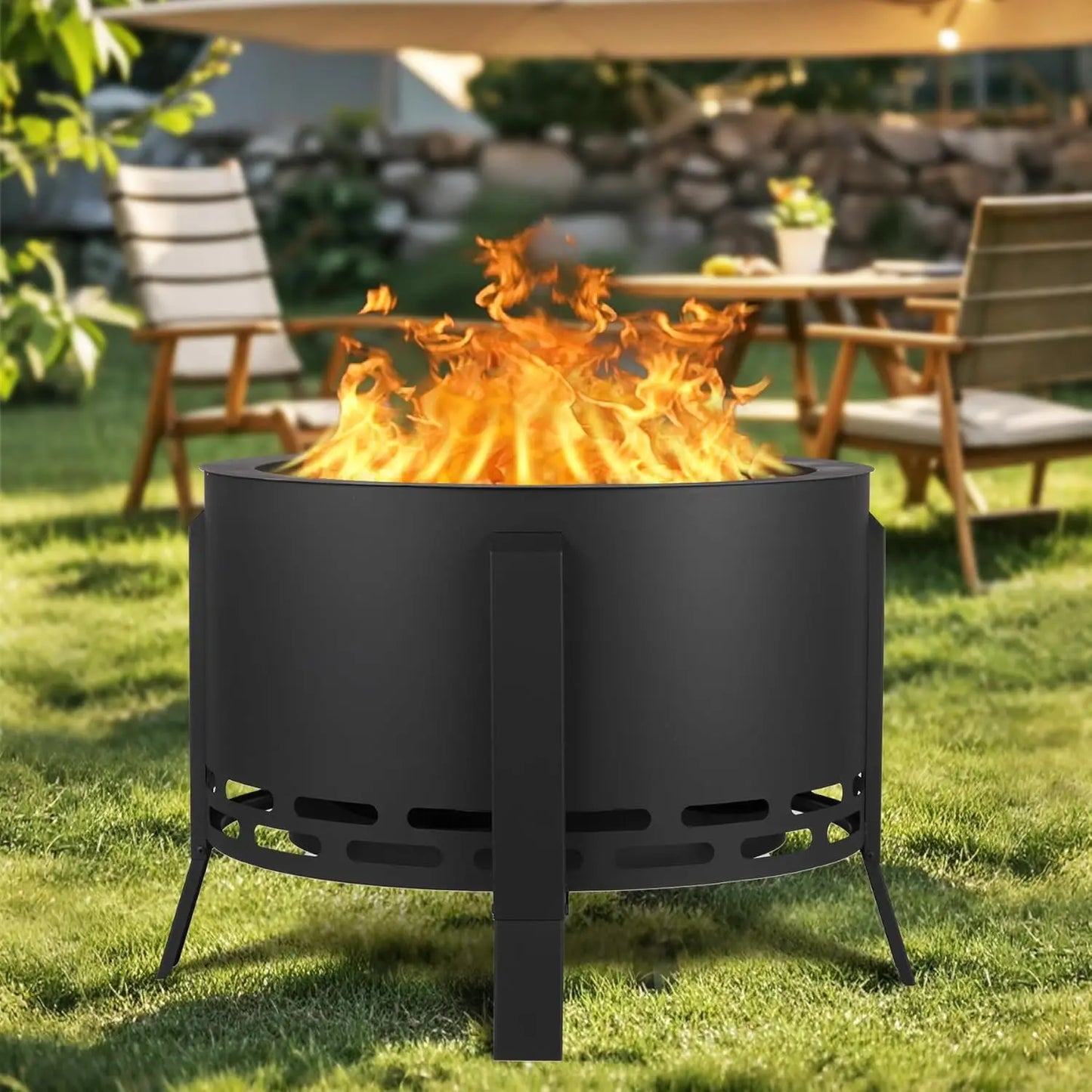 26 Inch Smokeless Firepit- Low Smoke Outdoor Fire Pit with Folding Feet, Multi-Fuel Wood Pellets Charcoal,for Camping Backyard