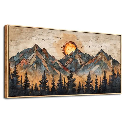 Wood Framed Wall Art Canvas Decor Abstract Boho Mountain Landscape