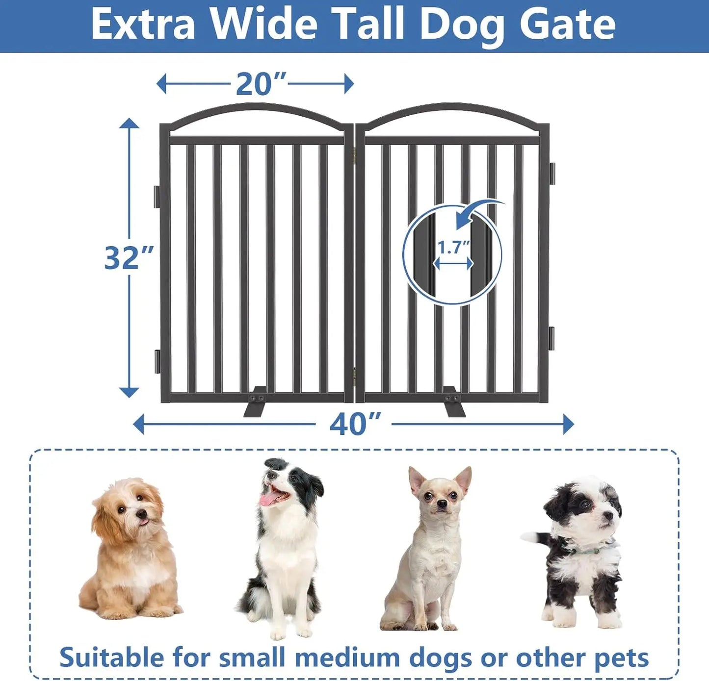 32'' Height Freestanding Dog Gate, Foldable Metal Pet Fence for Indoor and Outdoor Use, Black Color with 2 Panels